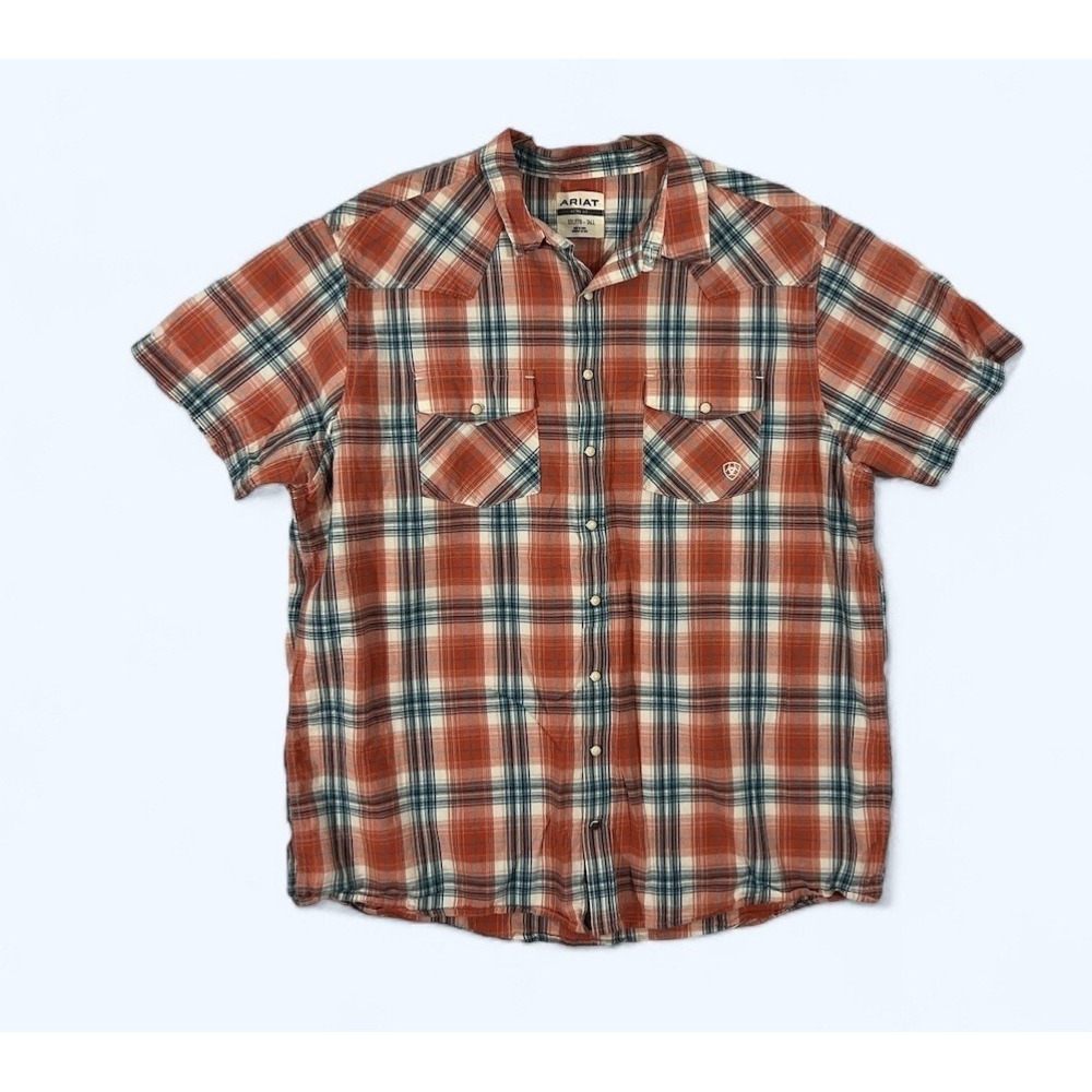Ariat Retro Fit Button Shirt Mens XXLT Red Blue Plaid Outdoors Short Sleeve